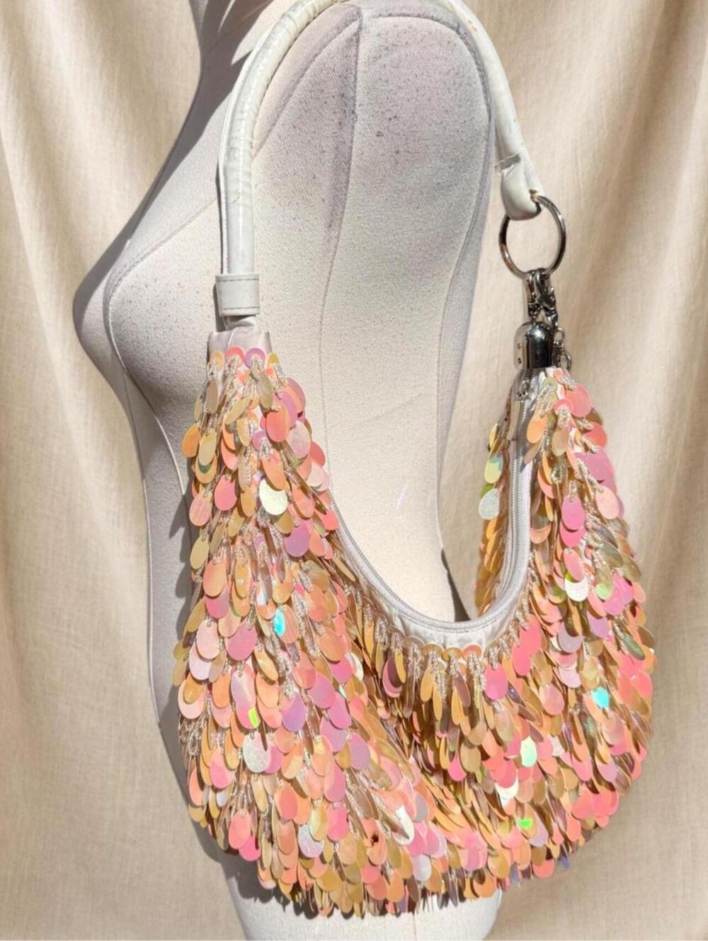 Y2K Iridescent Pink Sequin Hobo Bag with cute bag charm